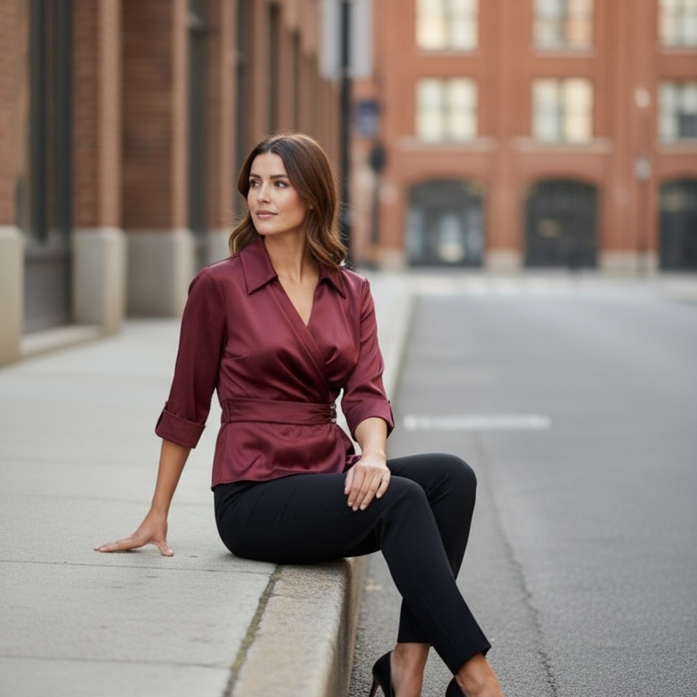 R&M Richards Burgundy Satin Wrap Blouse - Women - Picture 3 of 6